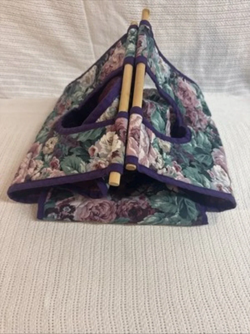 Handmade Fabric Sewing Knitting Caddy Blue Floral Pocket Tote w/ Wood Rods